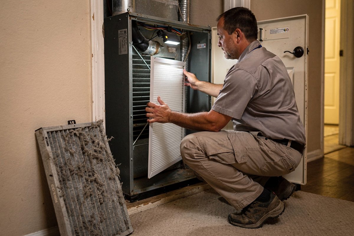 Technician replacing an air filter in an indoor air handler cabinet