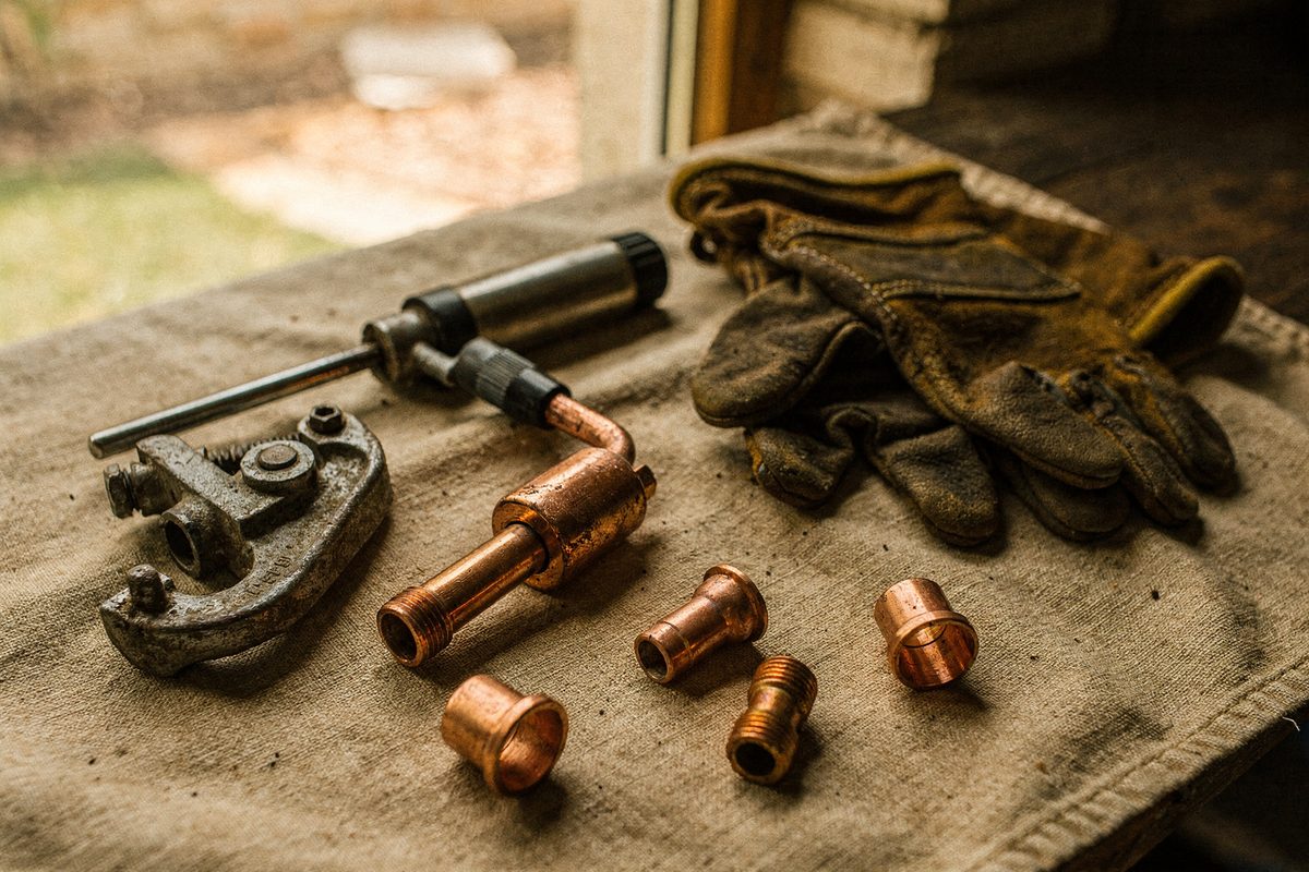 Pipe cutter, torch, gloves and copper fittings laid out on a canvas drop cloth